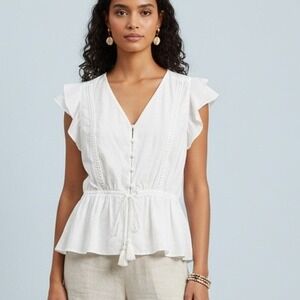 J.Crew XS‎ White Ruffle Peplum Button Top Boho Cotton Summer Blouse Tassel Waist